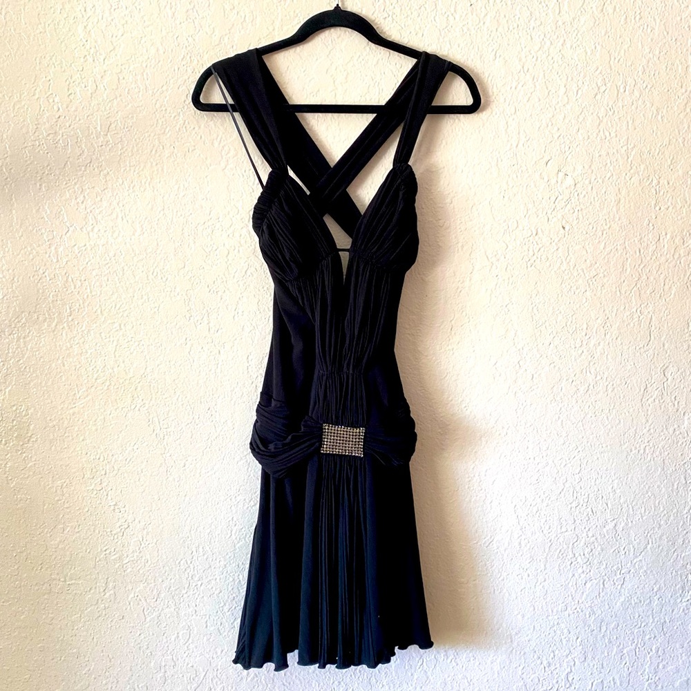 ABS By Allen Swartz Y2K Elegant Black Dress Size S Buckle Rhinestones Draped - Picture 2 of 12